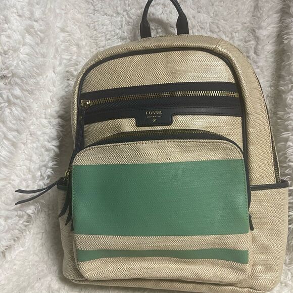 Fossil Handbags - Fossil coated canvas  backpack beige & mint green navy blue trims & Straps